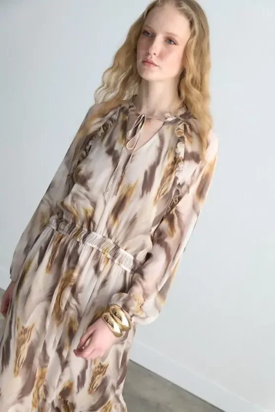 Patterned Long Chiffon Dress - Beige - 4