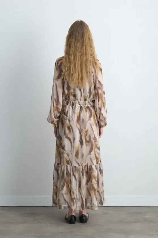 Patterned Long Chiffon Dress - Beige - 5