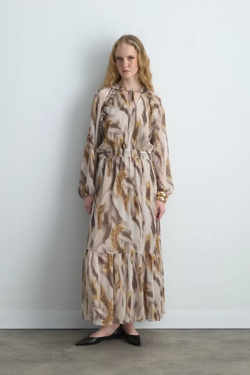 Patterned Long Chiffon Dress - Beige - Gusto