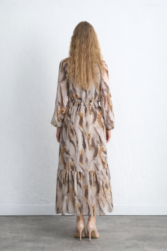 Patterned Long Chiffon Dress - Beige - Gusto