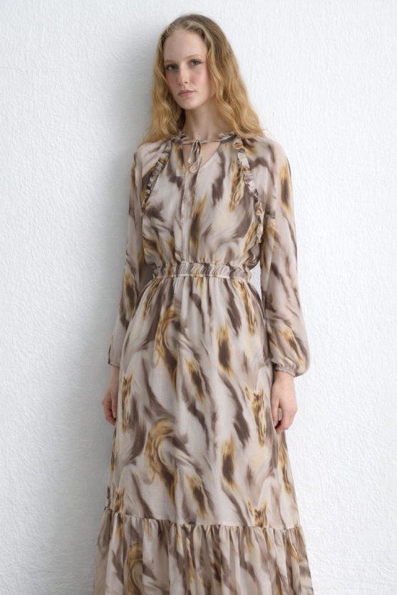 Patterned Long Chiffon Dress - Beige - Gusto