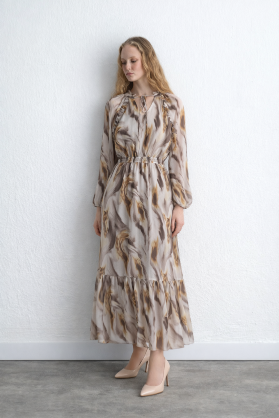 Patterned Long Chiffon Dress - Beige - Gusto