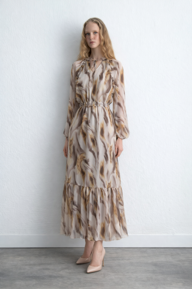 Patterned Long Chiffon Dress - Beige Beige