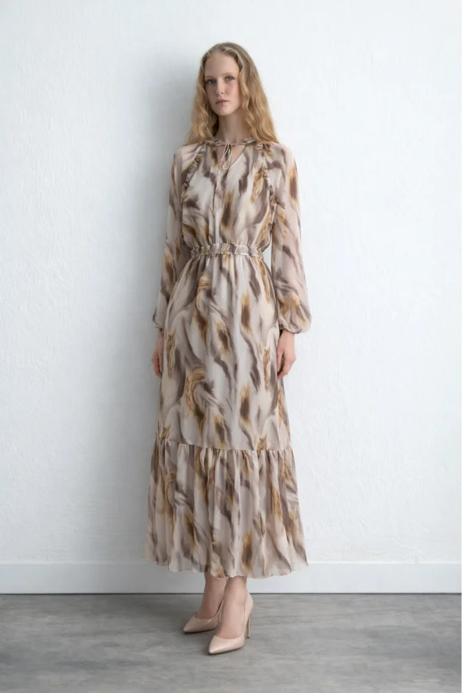 Patterned Long Chiffon Dress - Beige Beige