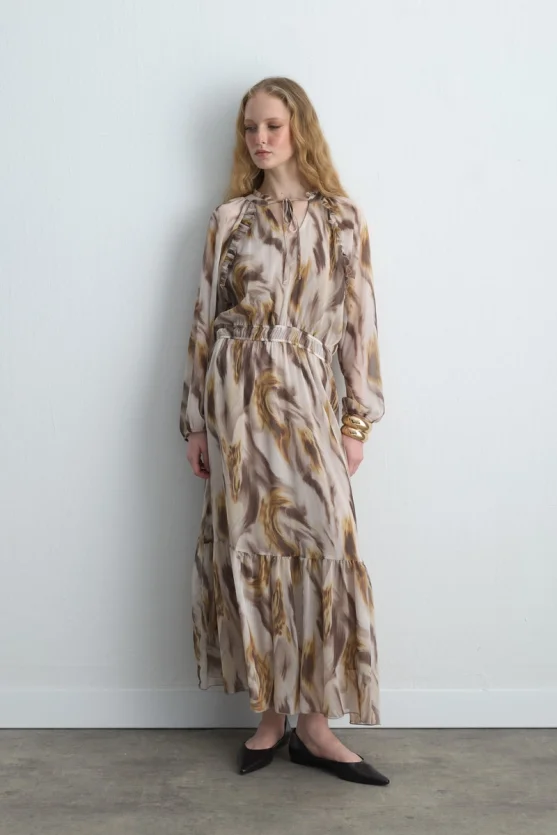 Patterned Long Chiffon Dress - Beige - 2