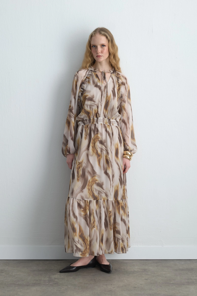 Patterned Long Chiffon Dress - Beige Beige