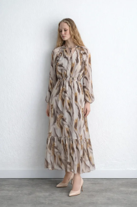 Patterned Long Chiffon Dress Beige - 2