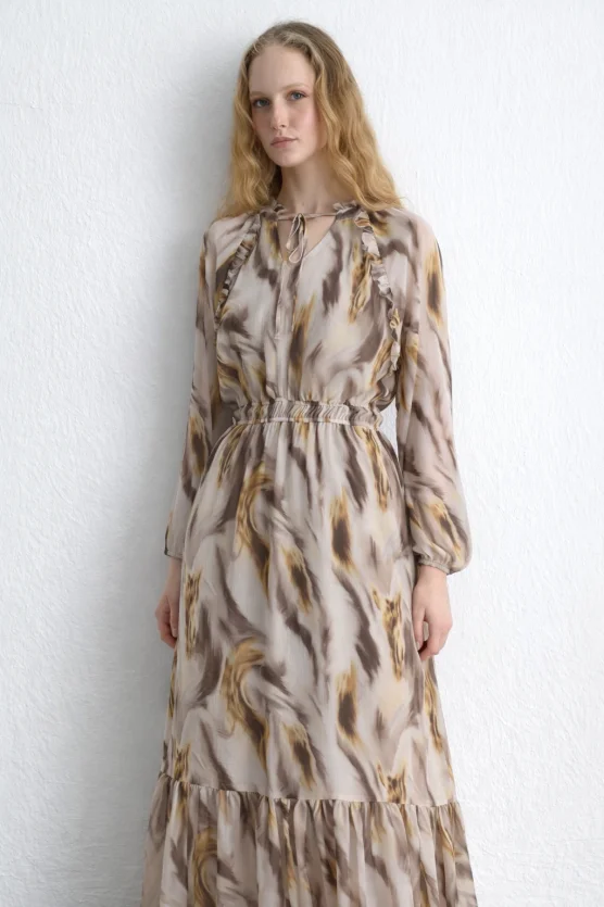 Patterned Long Chiffon Dress Beige - Gusto