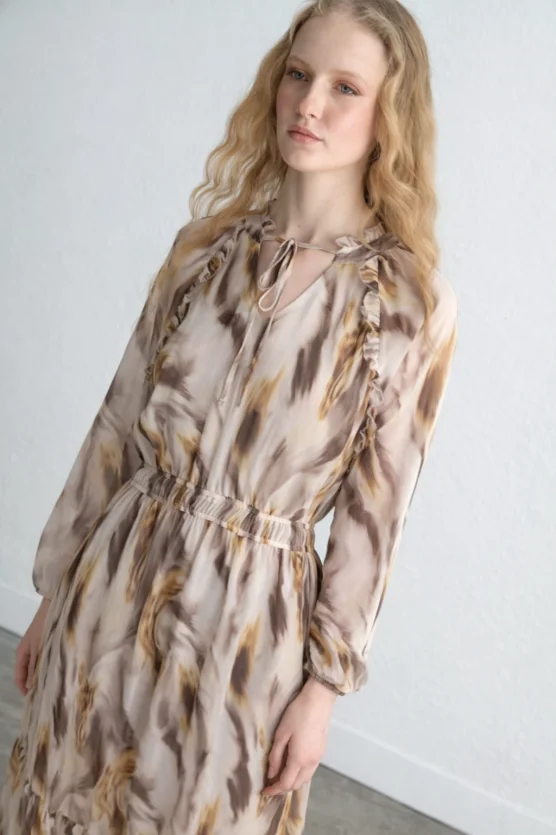 Patterned Long Chiffon Dress Beige - 4