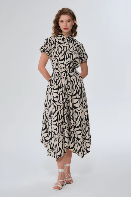 Patterned Long Dress with Elasticated Waist - Black Black