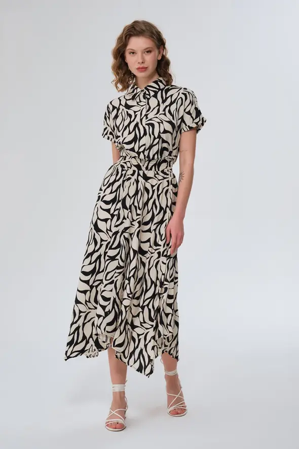 Patterned Long Dress with Elasticated Waist - Black - 2