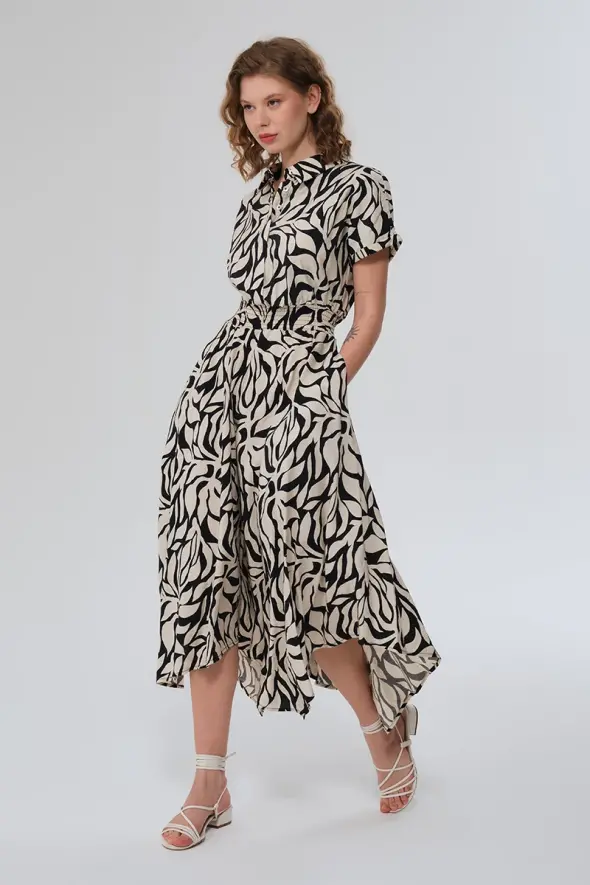 Patterned Long Dress with Elasticated Waist - Black - 4