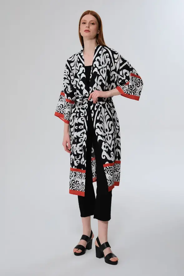 Patterned Long Kimono - Black - 1