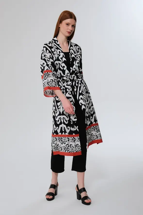 Patterned Long Kimono - Black - 3