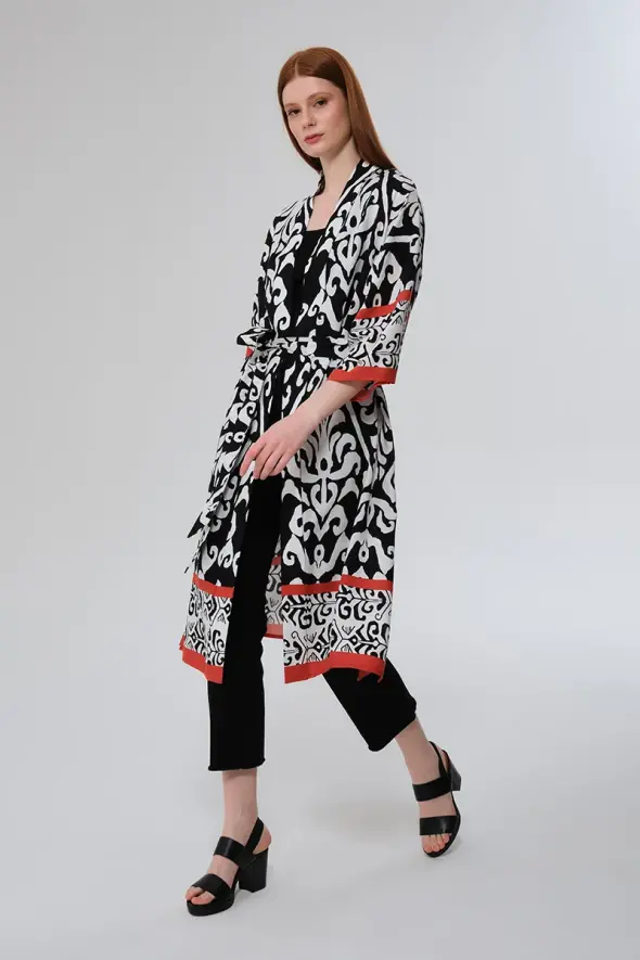 Patterned Long Kimono - Black - 2