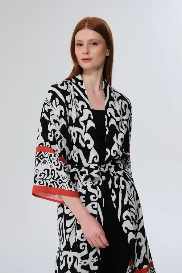Patterned Long Kimono - Black - 4