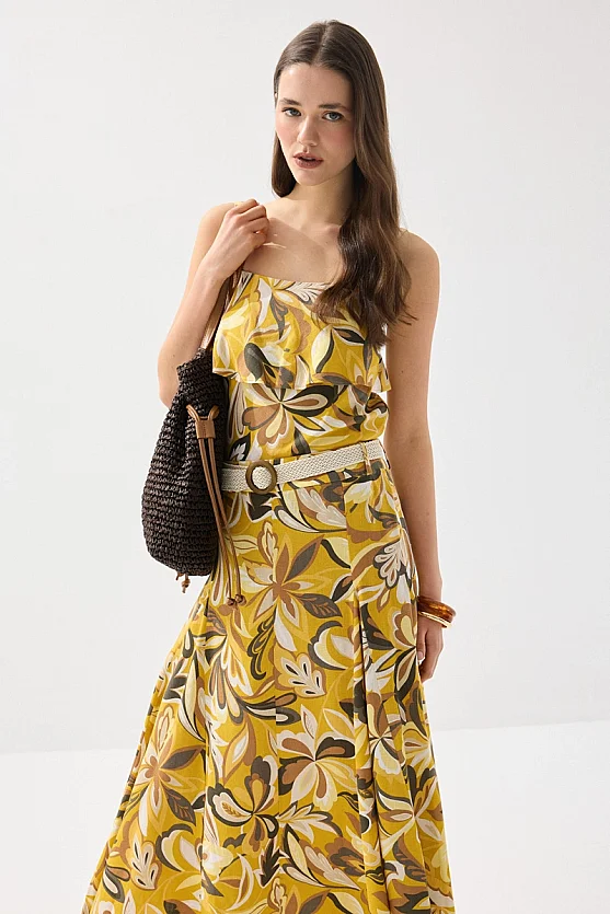 Patterned Long Linen Skirt with Straw Belt - Yellow - Gusto