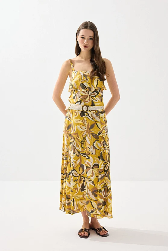 Patterned Long Linen Skirt with Straw Belt - Yellow - Gusto