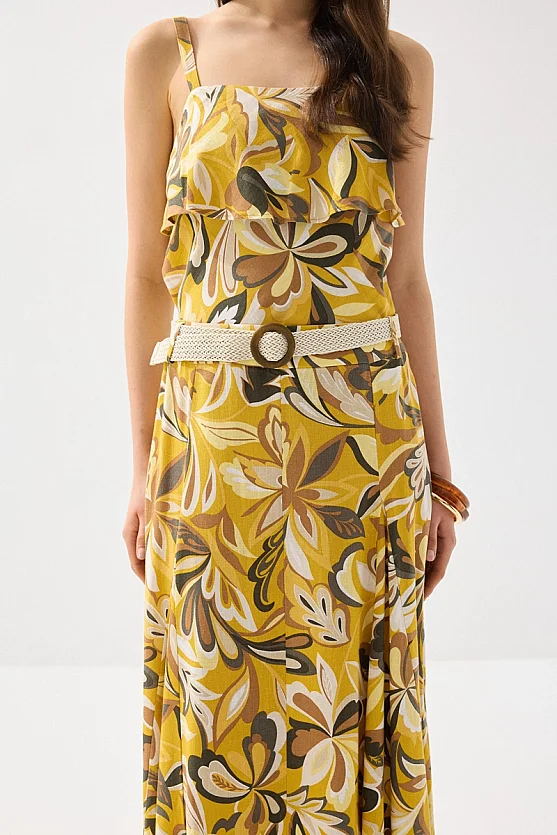 Patterned Long Linen Skirt with Straw Belt - Yellow - Gusto