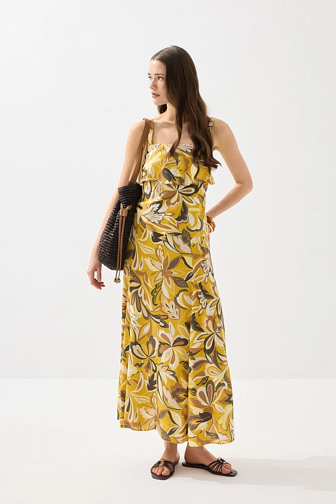 Patterned Long Linen Skirt with Straw Belt - Yellow - Gusto