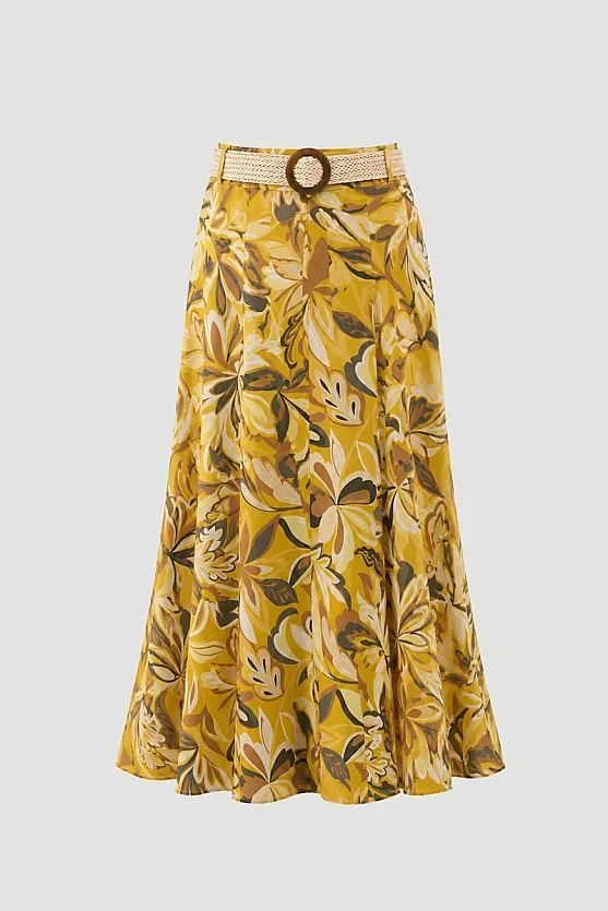 Patterned Long Linen Skirt with Straw Belt - Yellow - Gusto
