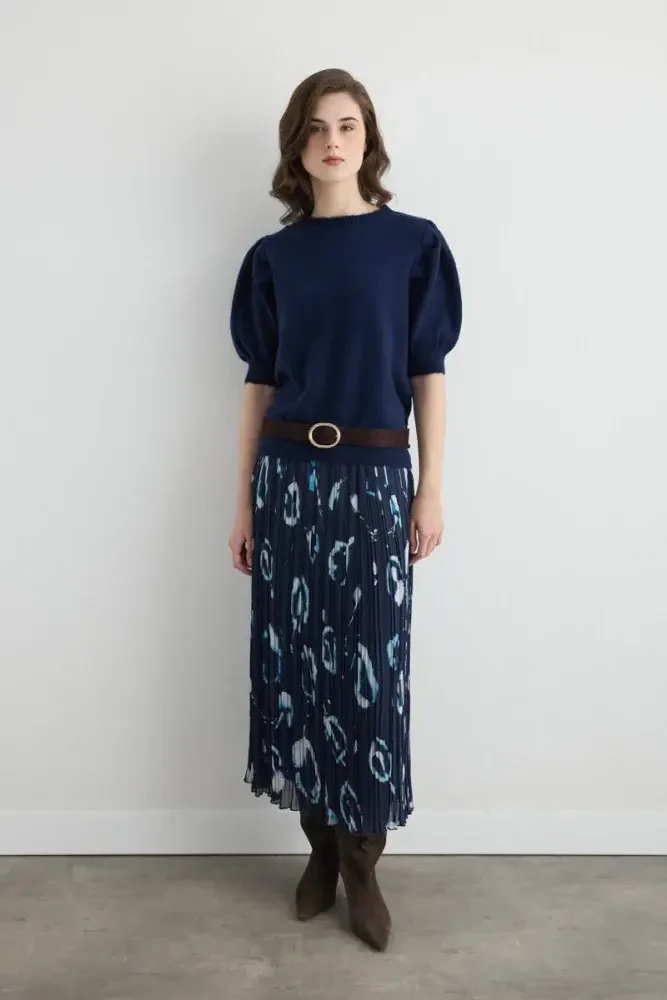 Patterned Long Pleated Skirt - Navy Navy Blue