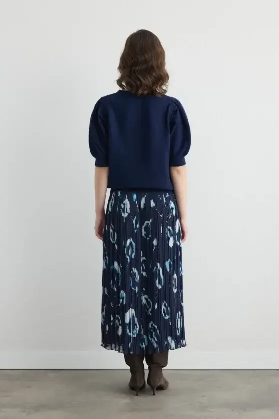 Patterned Long Pleated Skirt - Navy - 8