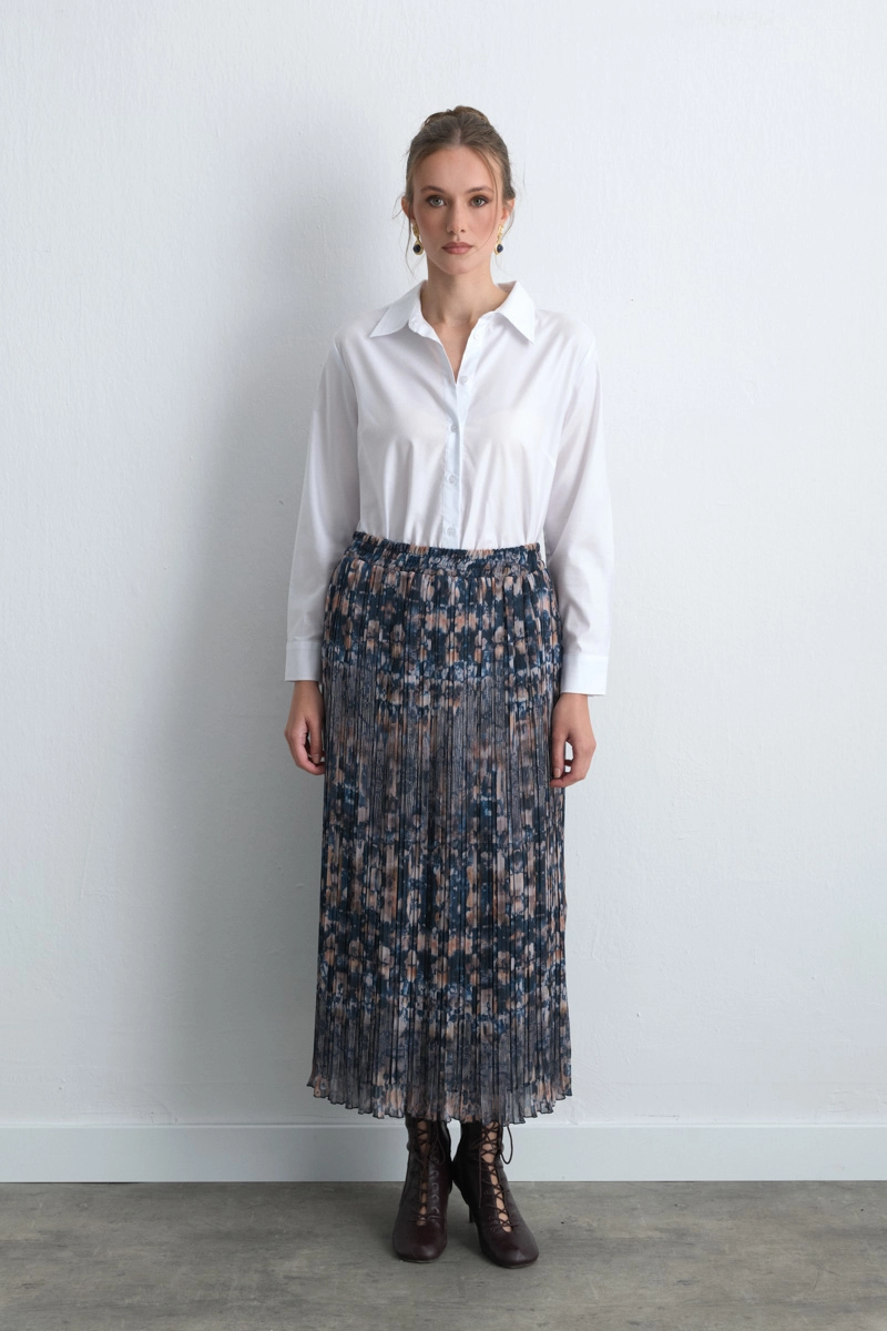 Patterned Long Pleated Skirt Navy Blue - Gusto