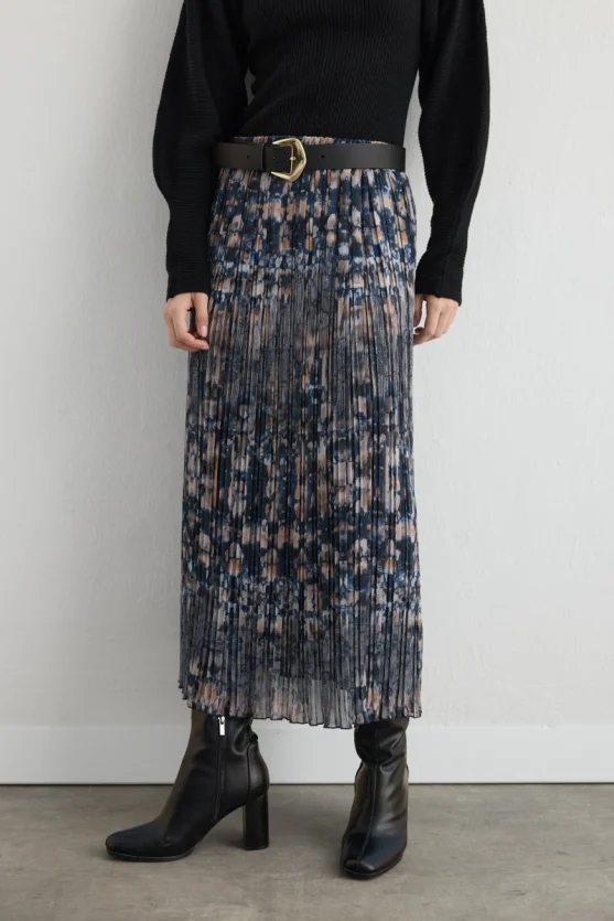 Patterned Long Pleated Skirt Navy Blue - Gusto