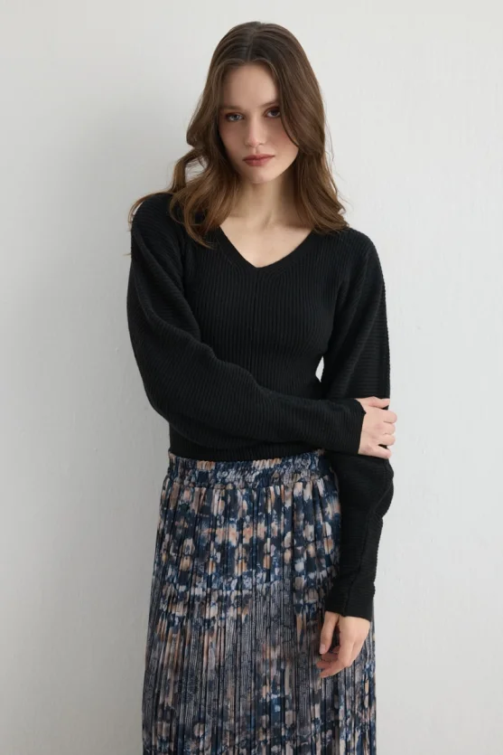 Patterned Long Pleated Skirt Navy Blue - 3