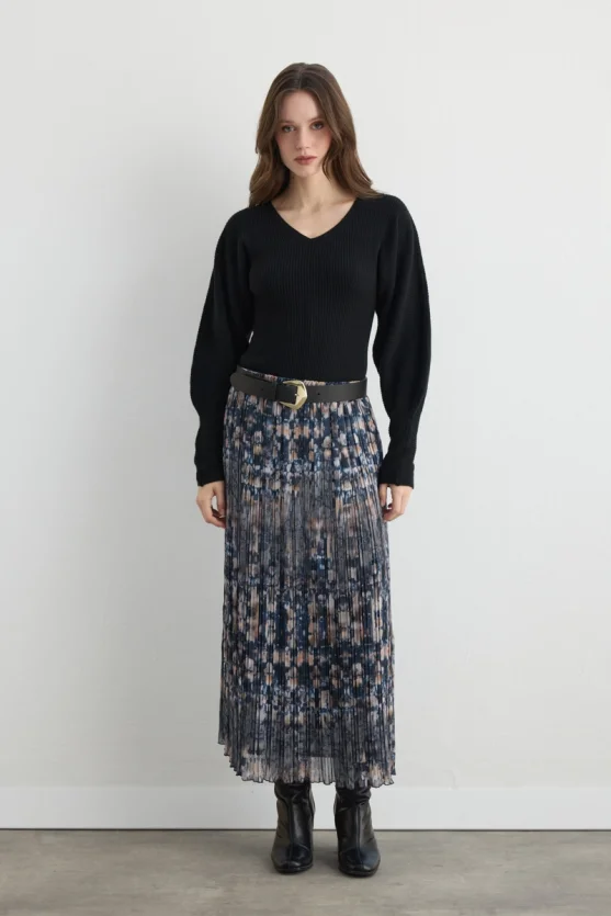Patterned Long Pleated Skirt Navy Blue - Gusto