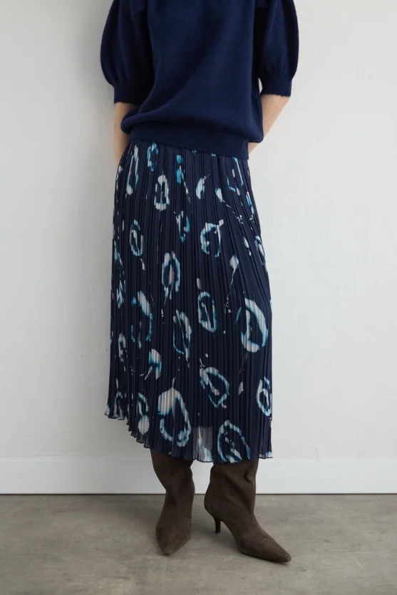 Patterned Long Pleated Skirt Navy - 7