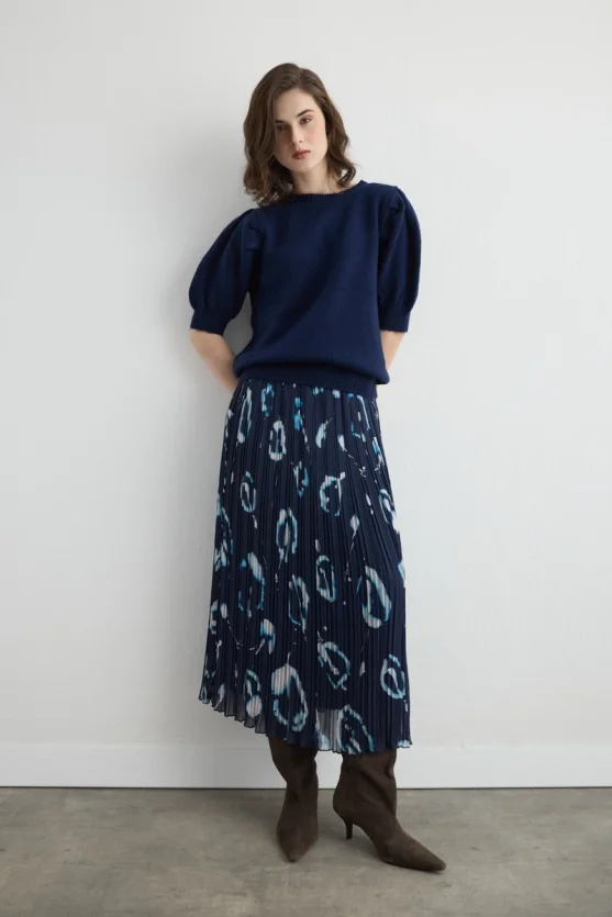 Patterned Long Pleated Skirt Navy - 6