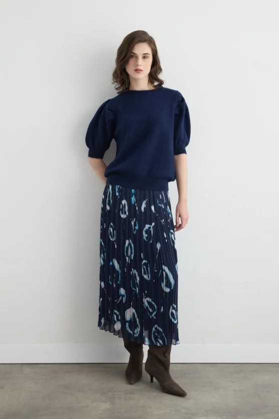 Patterned Long Pleated Skirt Navy - Gusto