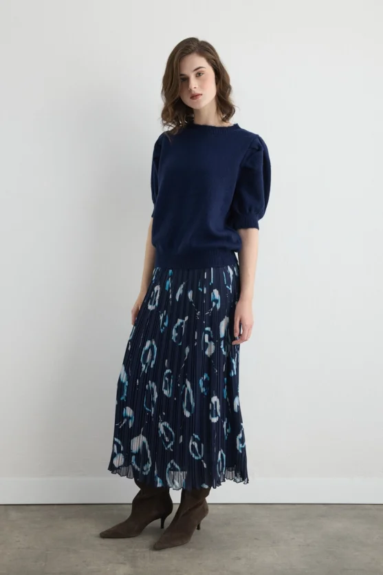 Patterned Long Pleated Skirt Navy - Gusto