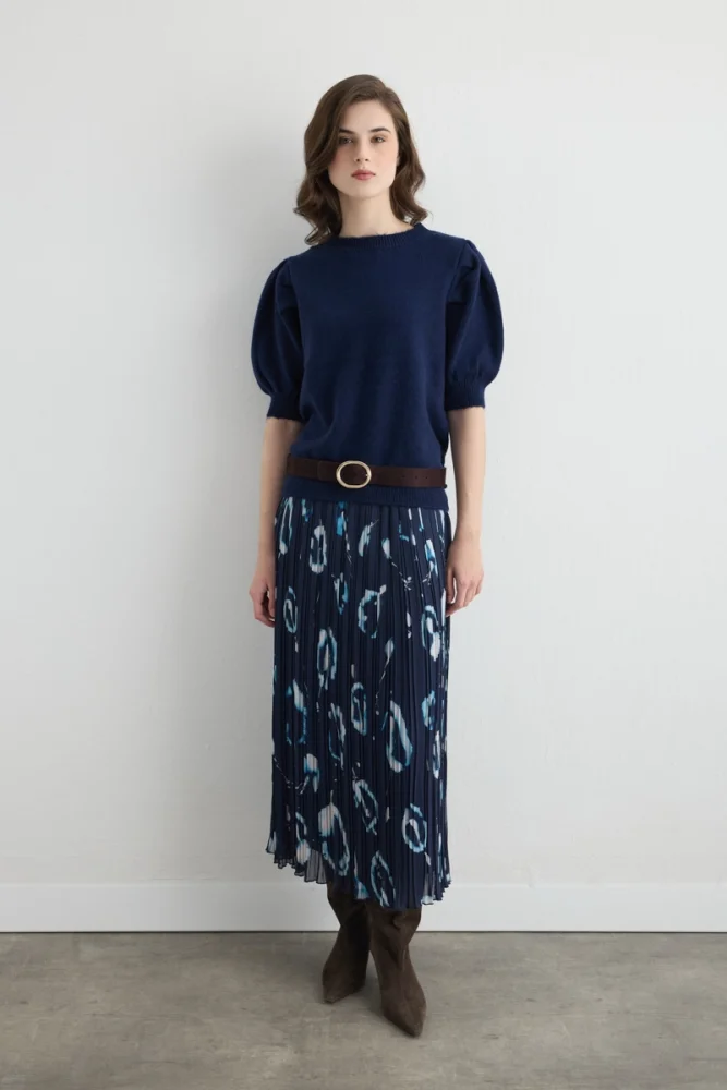 Patterned Long Pleated Skirt Navy Navy Blue