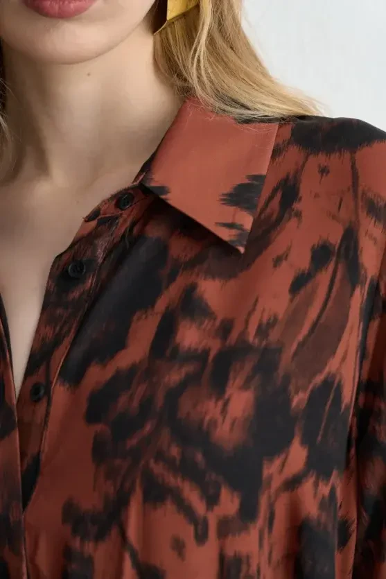 Patterned Long Shirt Dress - Brick - Gusto