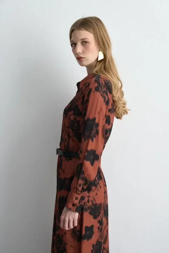 Patterned Long Shirt Dress - Brick - Gusto