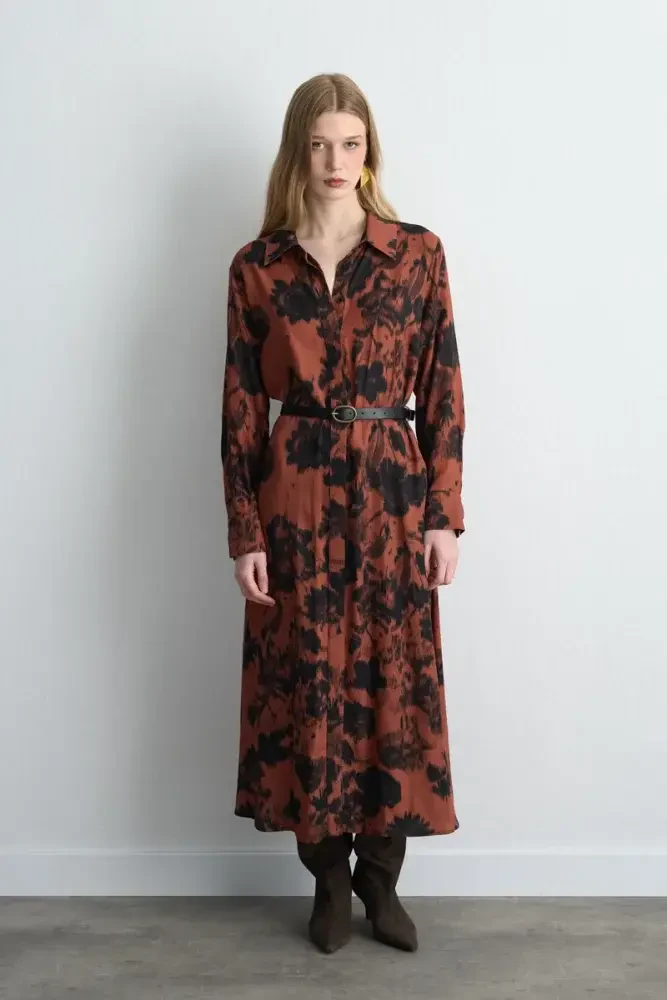 Patterned Long Shirt Dress - Brick Brick-red