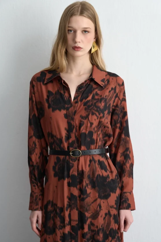 Patterned Long Shirt Dress Brick - Gusto