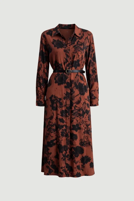 Patterned Long Shirt Dress Brick - Gusto
