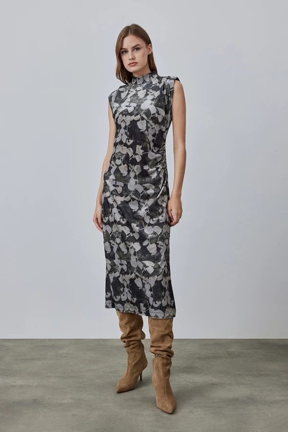 Patterned Long Velvet Dress - Mink - 2