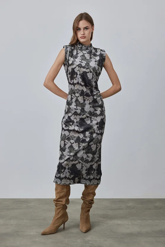 Patterned Long Velvet Dress - Taupe - Gusto