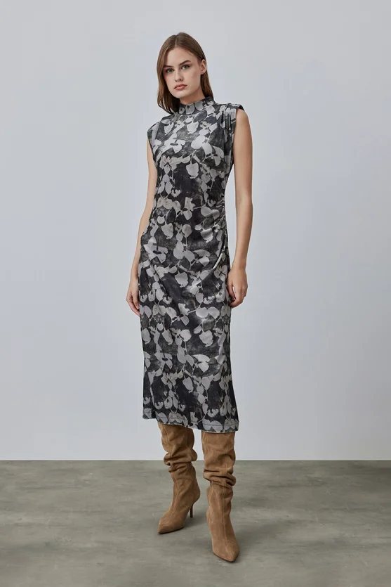 Patterned Long Velvet Dress - Taupe - 2