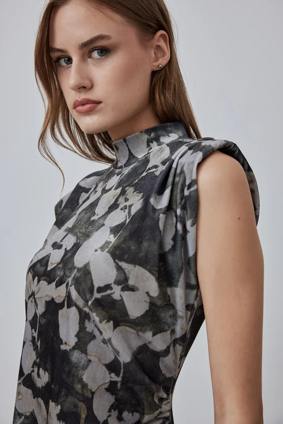 Patterned Long Velvet Dress - Taupe - Gusto