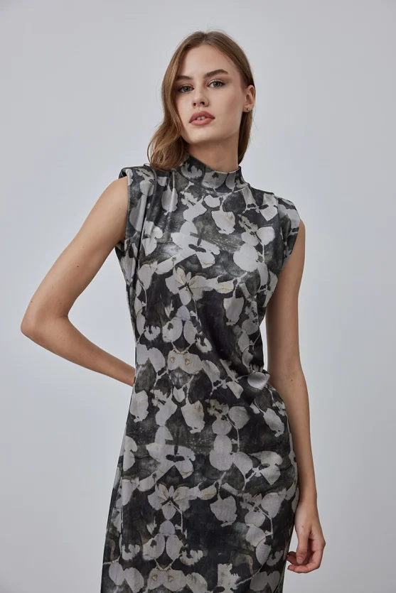 Patterned Long Velvet Dress - Taupe - Gusto