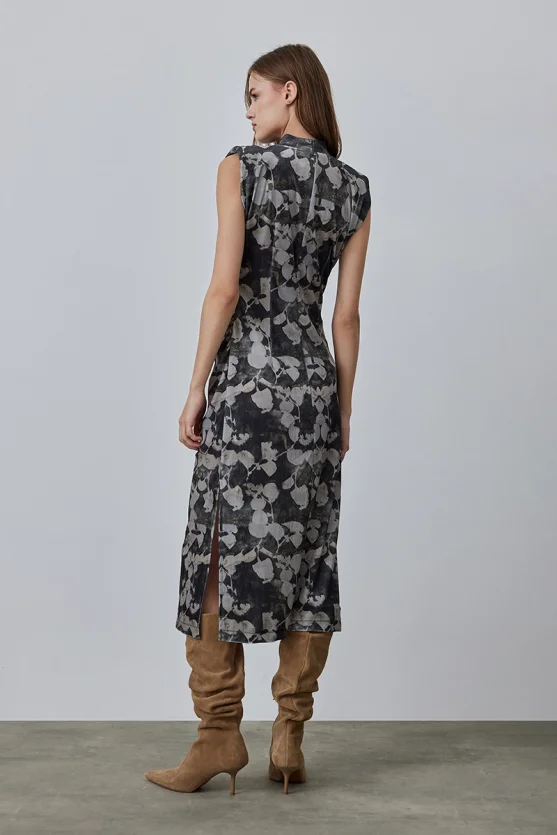 Patterned Long Velvet Dress - Taupe - Gusto