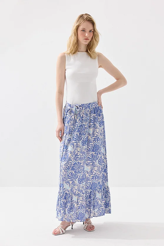 Patterned Long Viscose Skirt with Tie Belt - Blue - Gusto