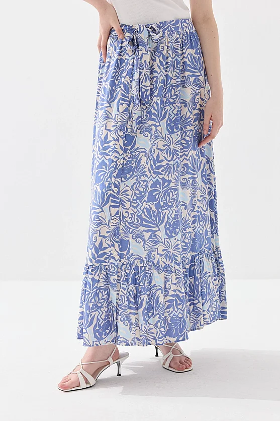 Patterned Long Viscose Skirt with Tie Belt - Blue - Gusto