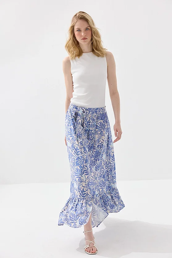 Patterned Long Viscose Skirt with Tie Belt - Blue - Gusto
